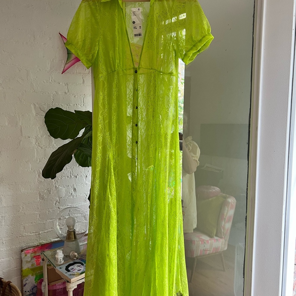 Urban Outfitters Neon Green Stretch Lace Sheer Maxi Dress